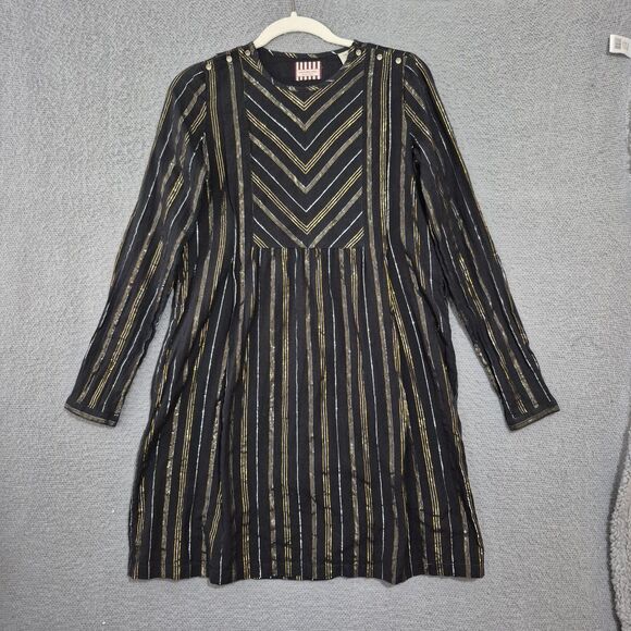 SCOTCH & SODA Maison Scotch Girls  Black Gold Striped Long Sleeve Dress 14 - Picture 1 of 8